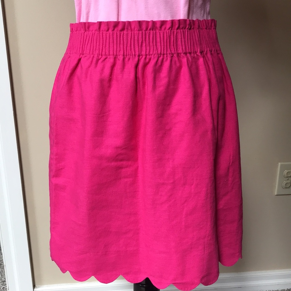 J.Crew Scalloped Linen/Cotton Skirt Size 8 Hot Pink Mini Elastic Waist Pull On